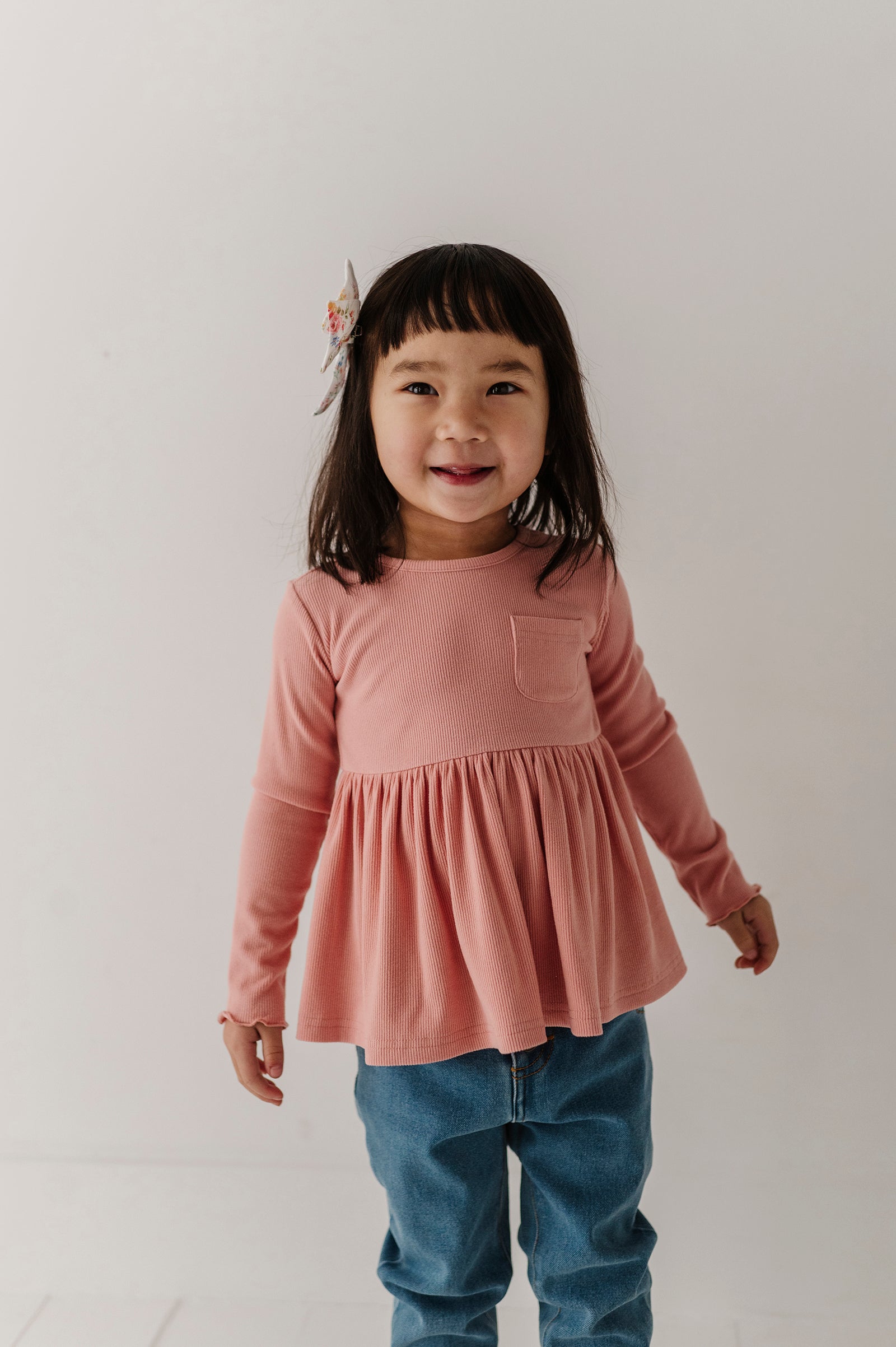 Girls Ribbed Peplum Shirt In Mellow Rose