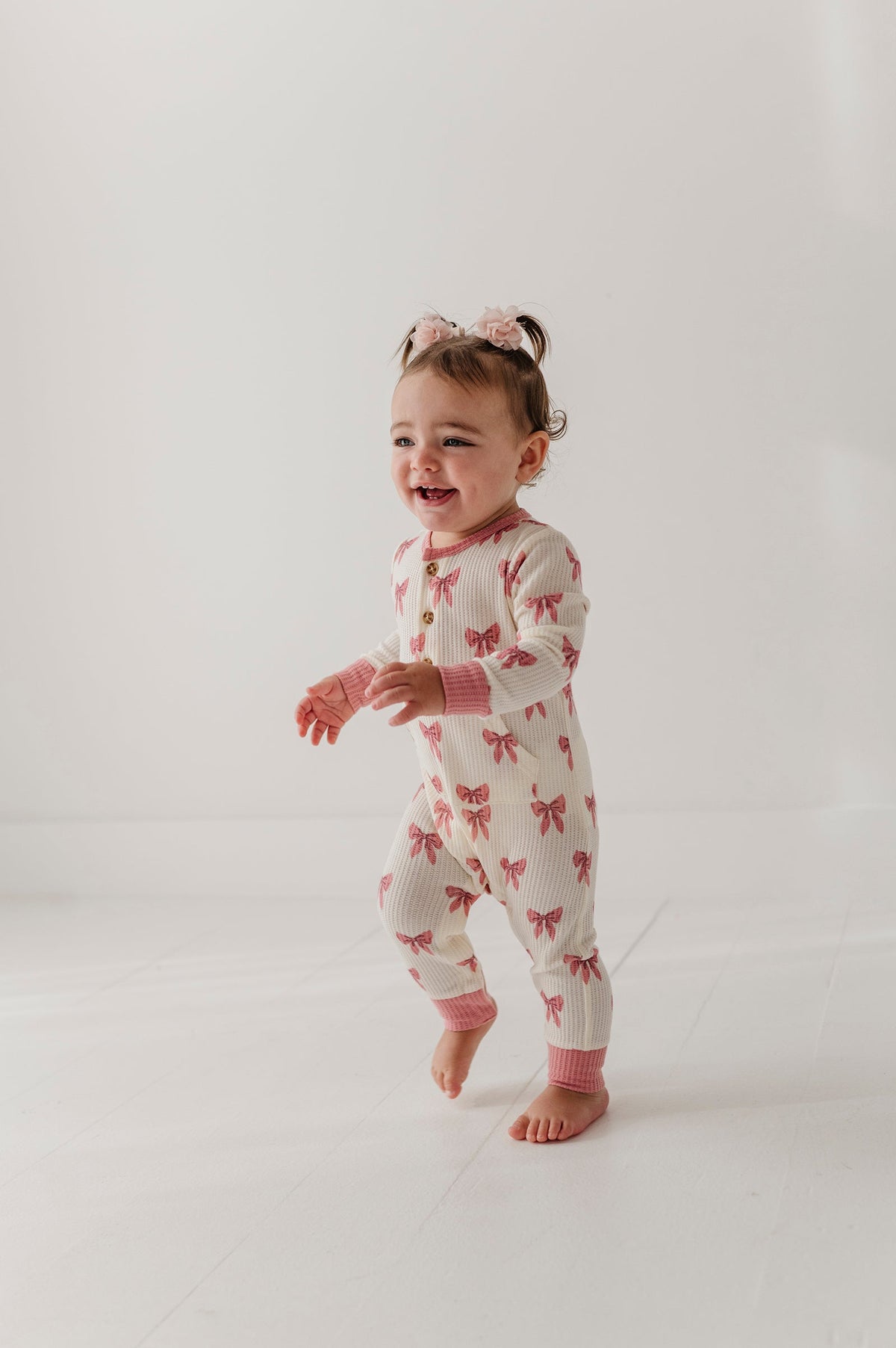 Baby Girl Waffle Romper In Rose Elegance Bows