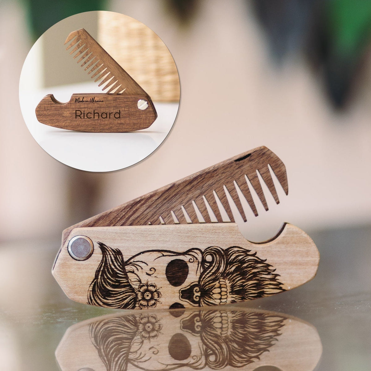Wooden Beard Comb - Sugar Skull