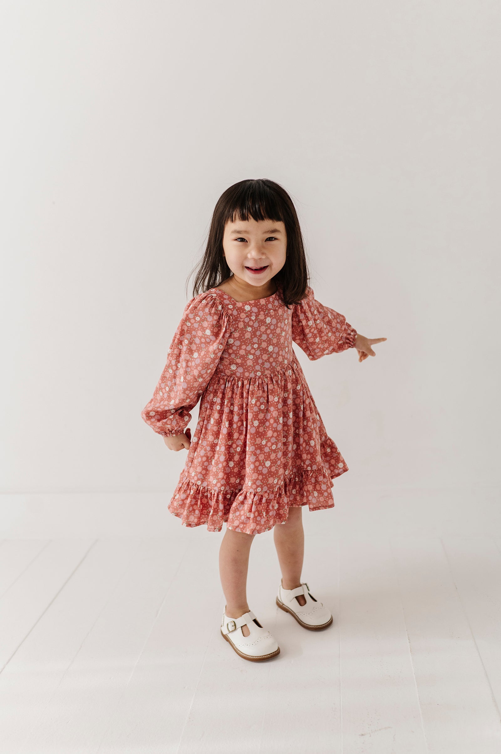 Girls Long Sleeve Viscose Dress In Tiny Petals