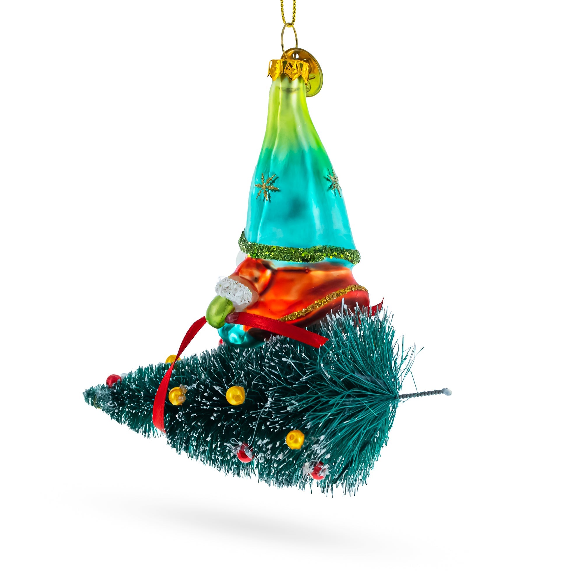 Gnome Adventurer Riding A Festive Tree - Blown Glass Christmas Ornament