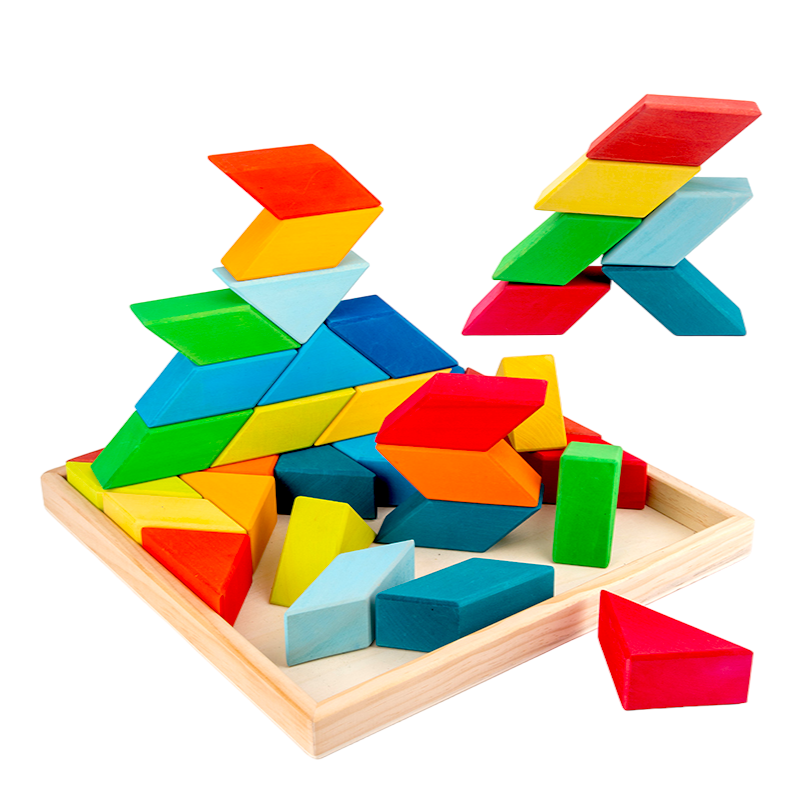 36 Pcs Stained Large Rainbow Square Indian Puzzle Blocks With Storage Tray