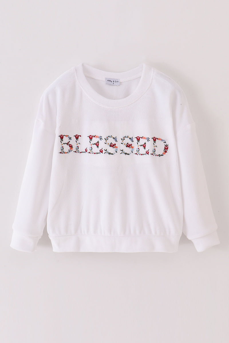 White Velvet Blessed Embroidery Mom&me Sweatshirt