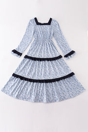 Blue Floral Print Tiered Mom Ruffle Dress