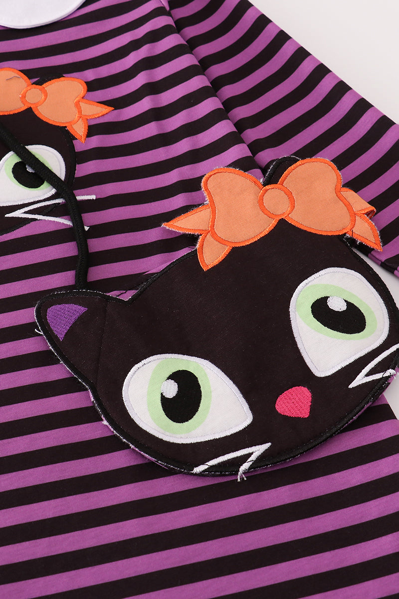 Purple Halloween Cat Stripe Dress 2pc Set