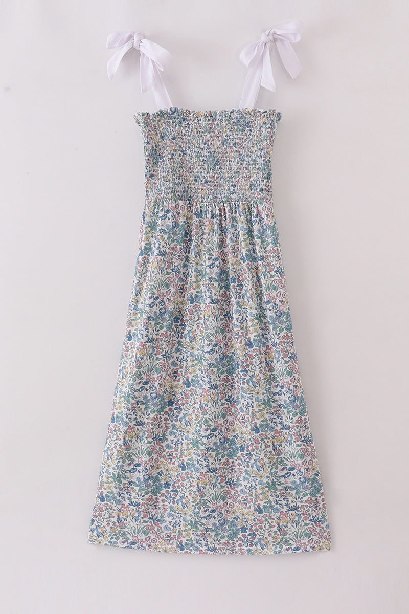 Vintage Meadow Print Smocked Mom Dress
