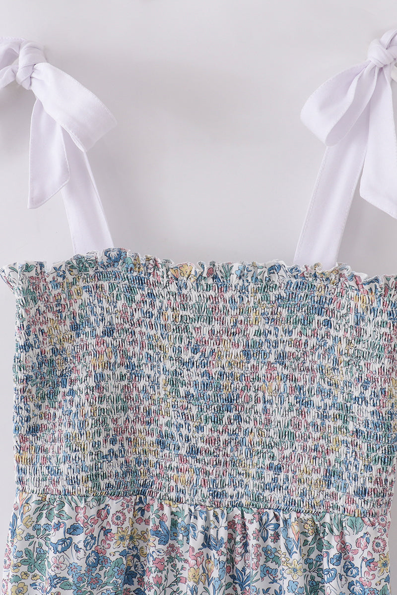 Vintage Meadow Print Smocked Mom Dress