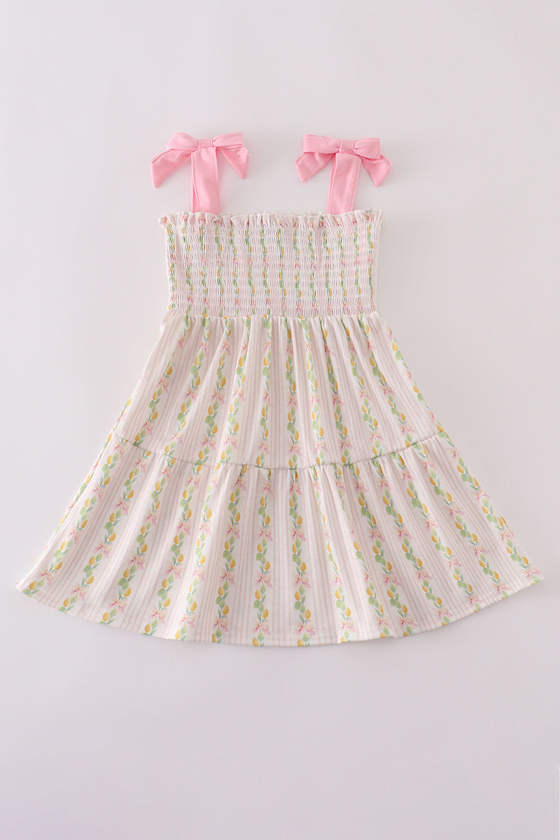Pink Lemon Print Bow Smocked Tiered Mom&me Dress