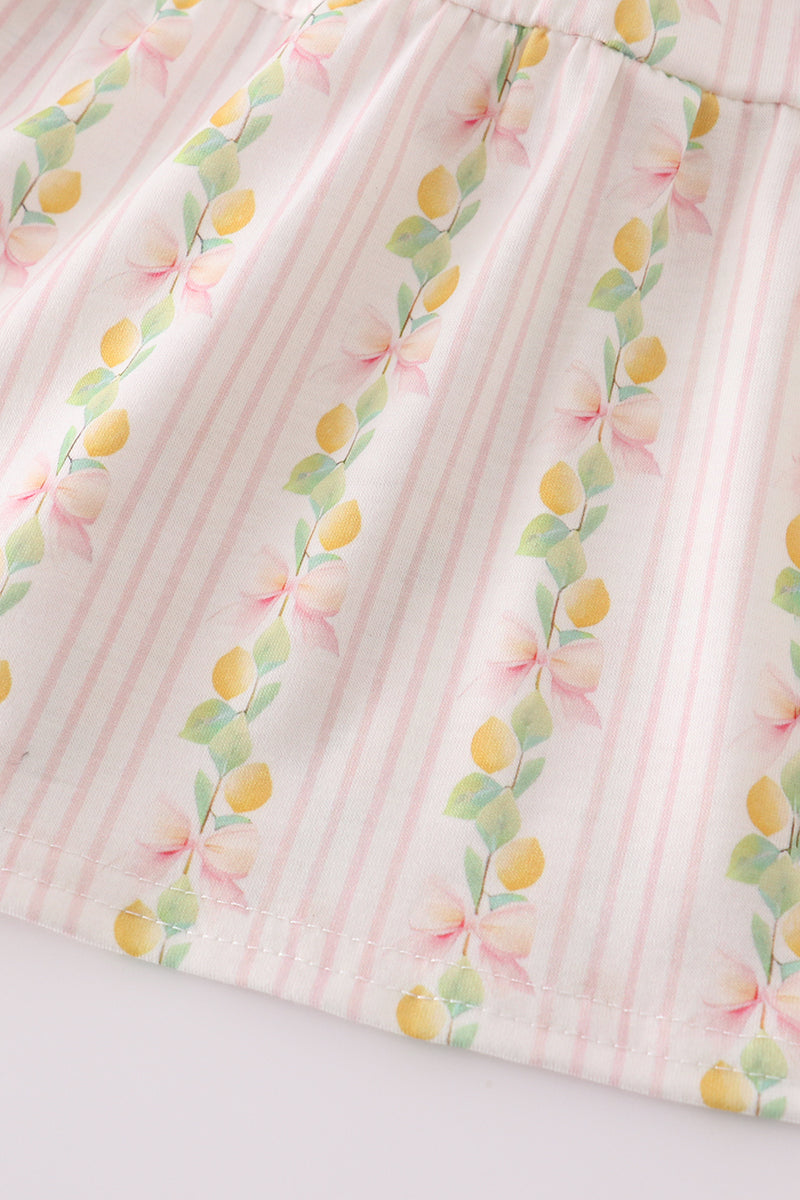 Pink Lemon Print Bow Smocked Tiered Mom&me Dress