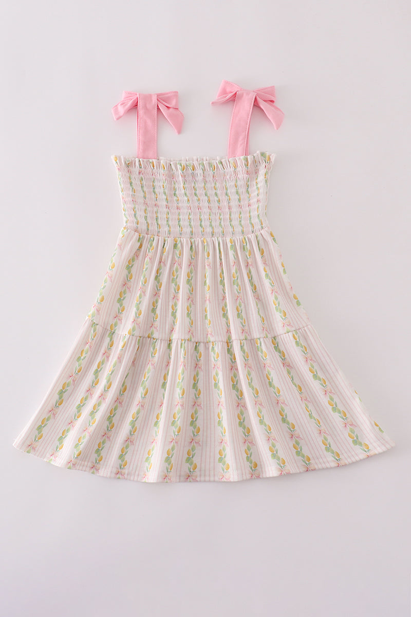 Pink Lemon Print Bow Smocked Tiered Mom&me Dress
