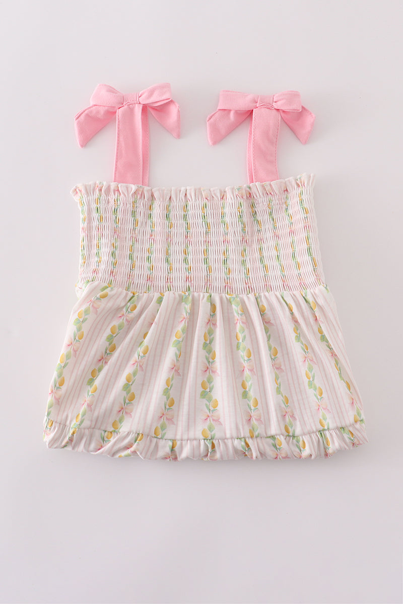 Pink Lemon Print Bow Smocked Tiered Mom&me Dress