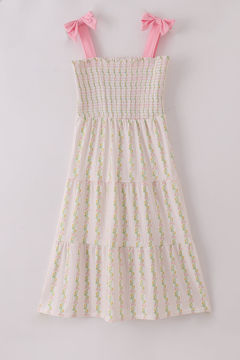 Pink Lemon Print Bow Smocked Tiered Mom&me Dress