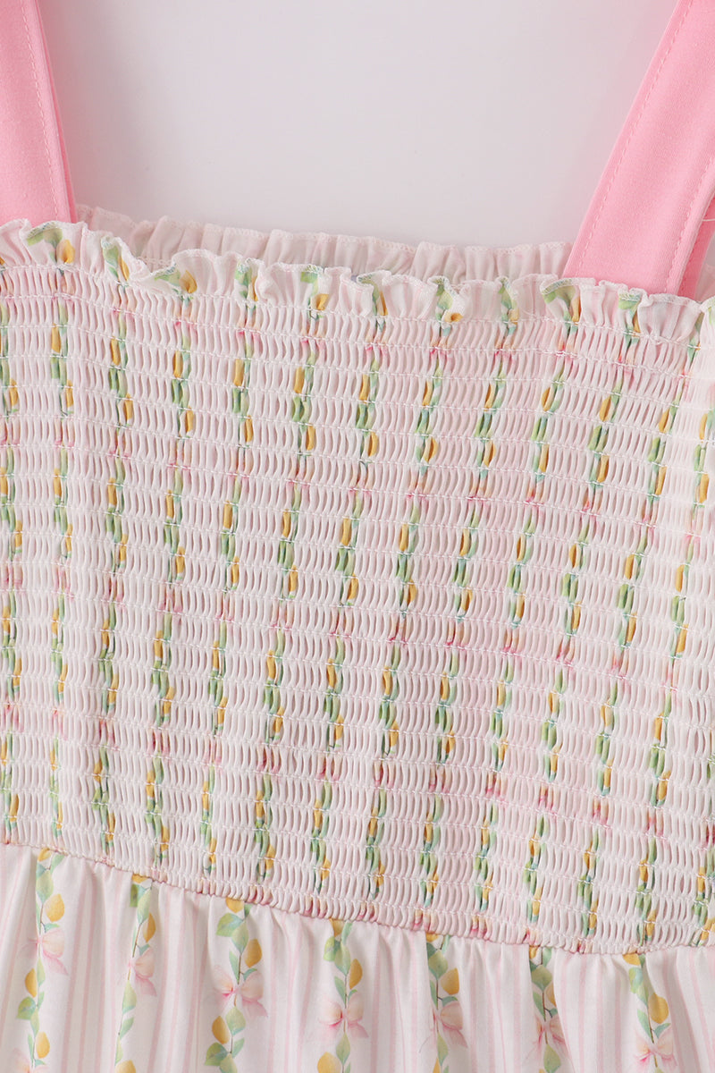 Pink Lemon Print Bow Smocked Tiered Mom&me Dress