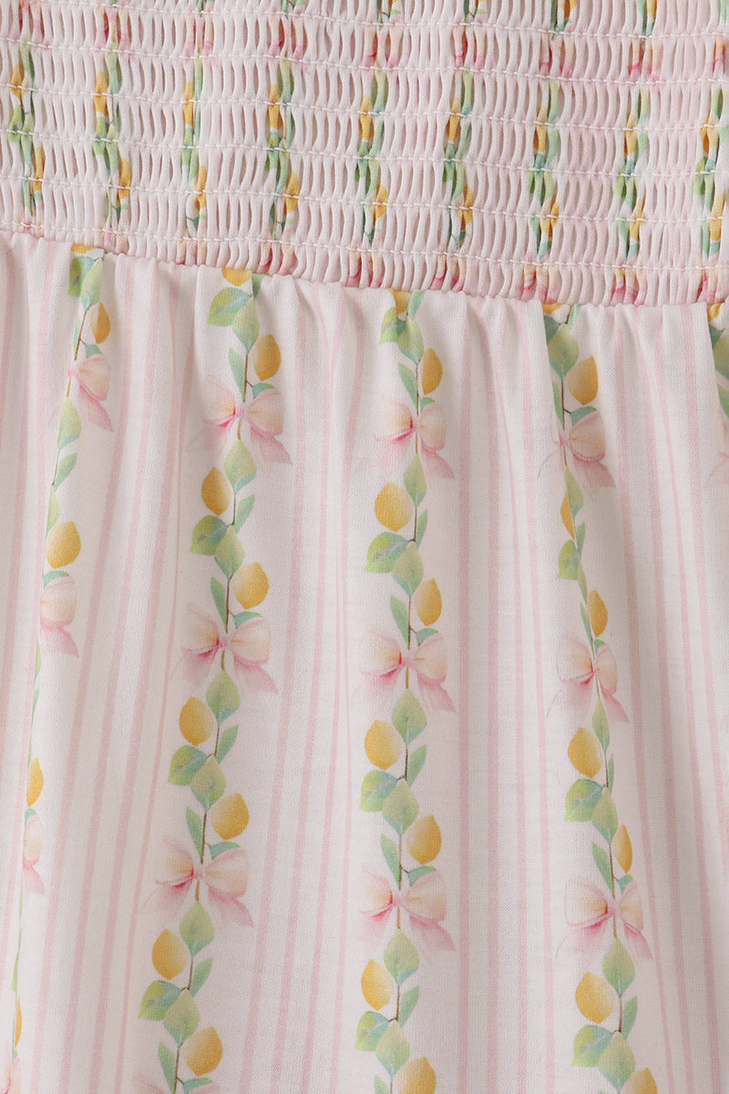 Pink Lemon Print Bow Smocked Tiered Mom&me Dress