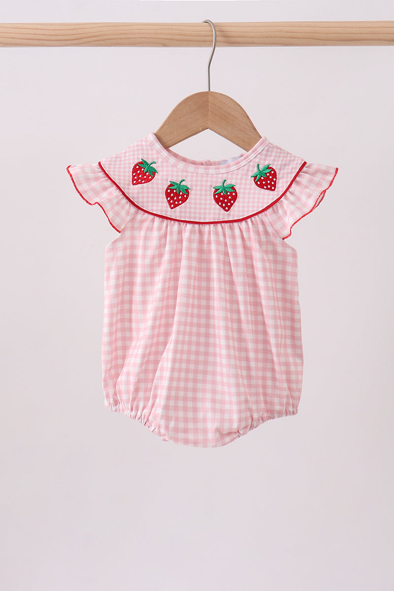 Pink Strawberry Embroidery Gingham Bubble
