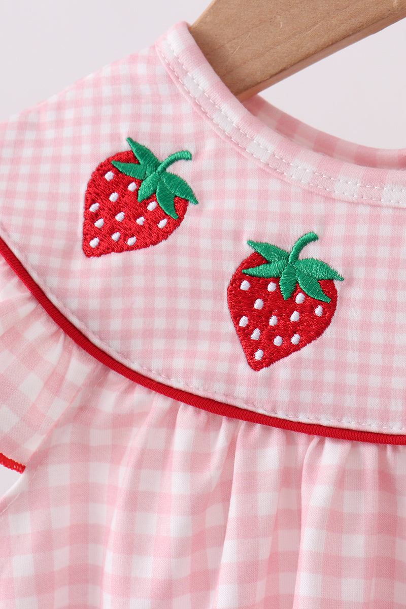 Pink Strawberry Embroidery Gingham Bubble