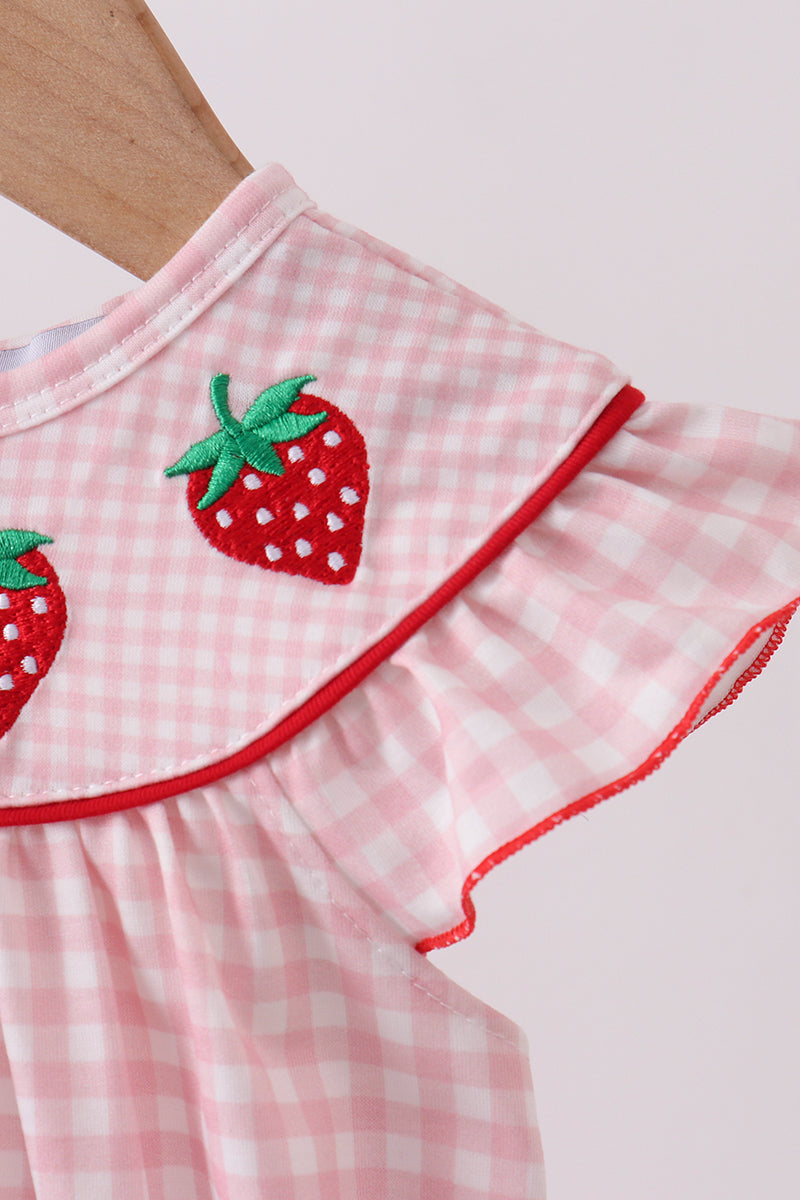 Pink Strawberry Embroidery Gingham Bubble