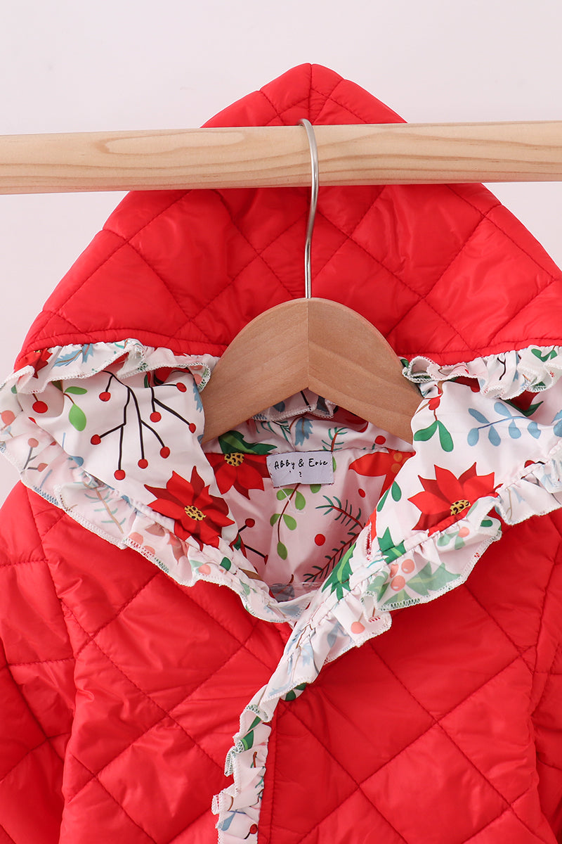 Red Floral Print Ruffle Quilted Jacket
