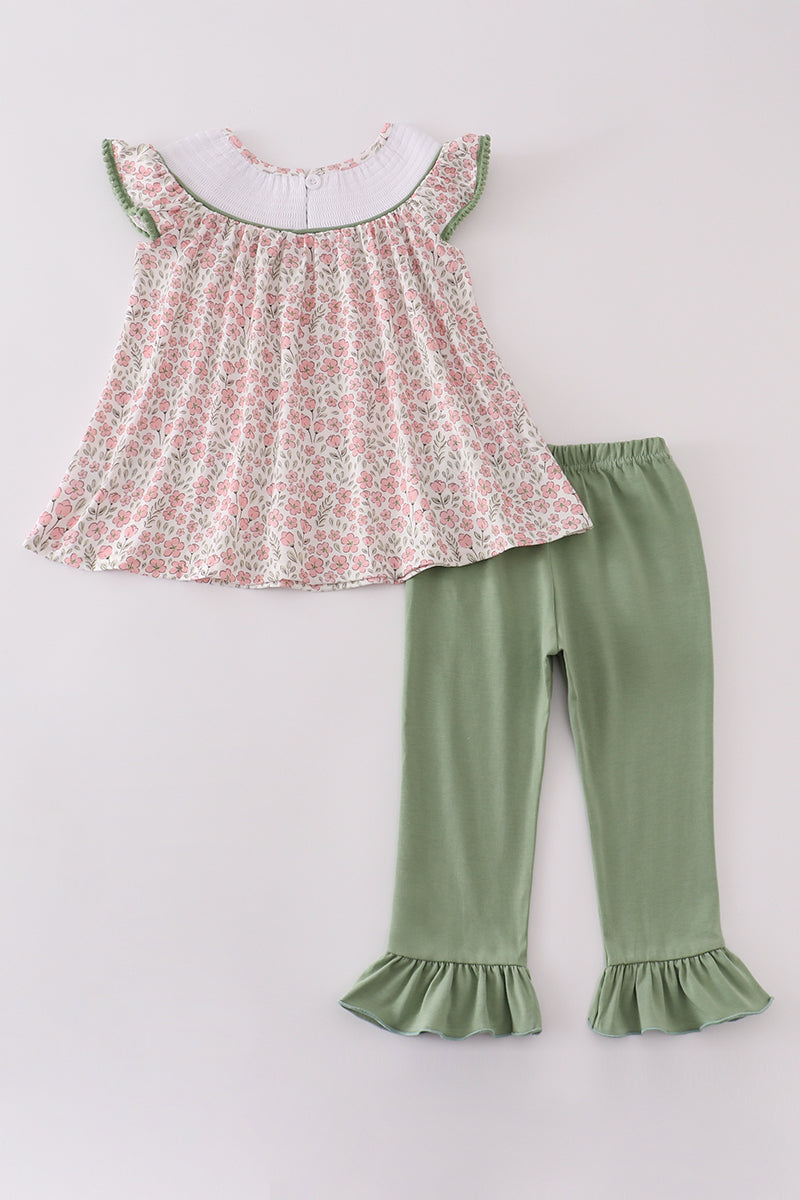 Pink Pumpkin Smocked Floral Ruffle Pants Set
