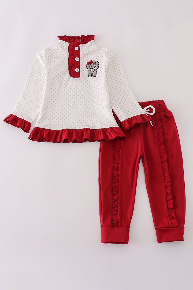 Alabama Polka Dot Elephant French Knot Ruffle Pants Set