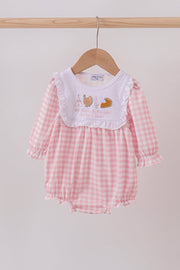 Pink Plaid Print Turkey Embroidery Girl Bubble