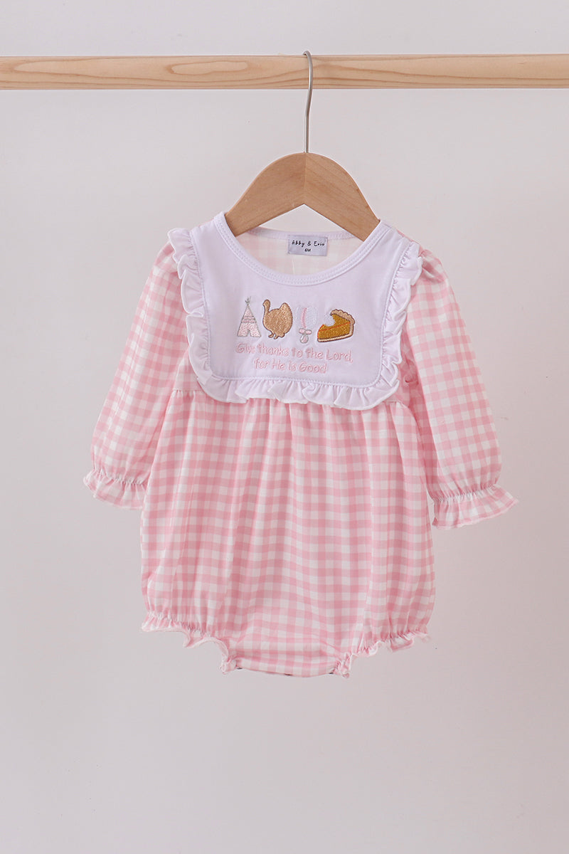 Pink Plaid Print Turkey Embroidery Girl Bubble