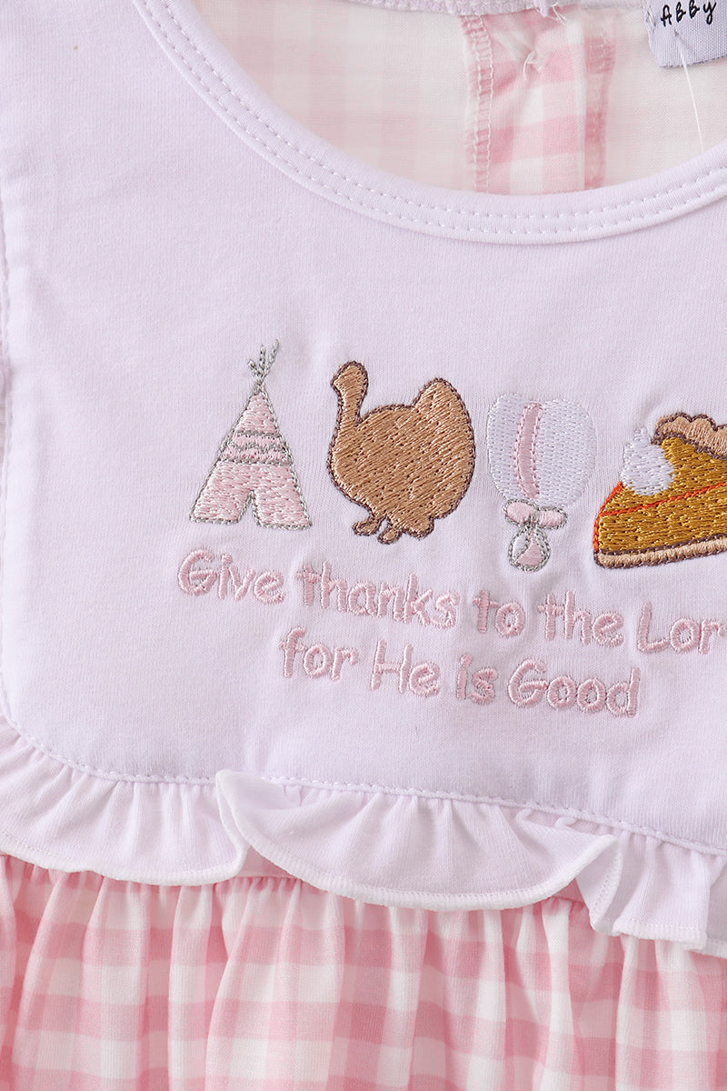 Pink Plaid Print Turkey Embroidery Girl Set