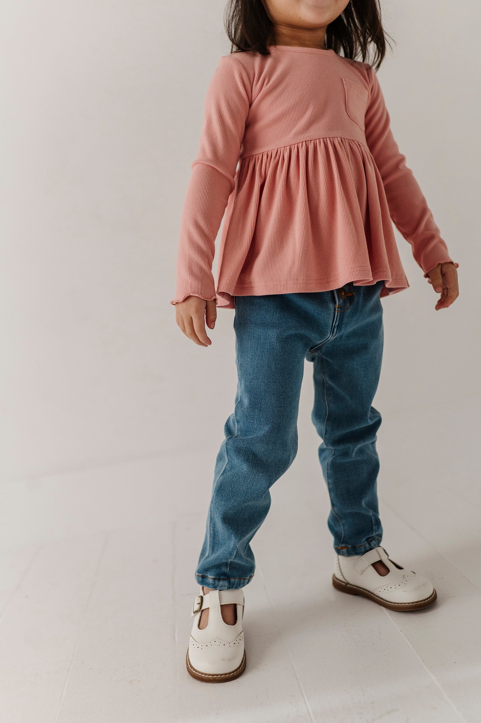 Girls Paperbag Denim Pants In Mid Blue Wash
