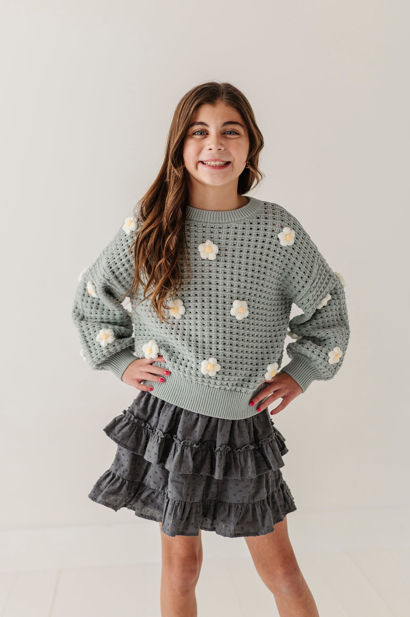 Girls Open Weave Long Sleeve Sweater In Soft Juniper