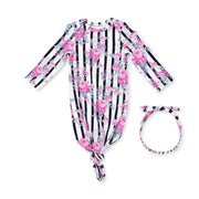 Cabbage Rose Stripe - Knotted Gown And Knot Headband