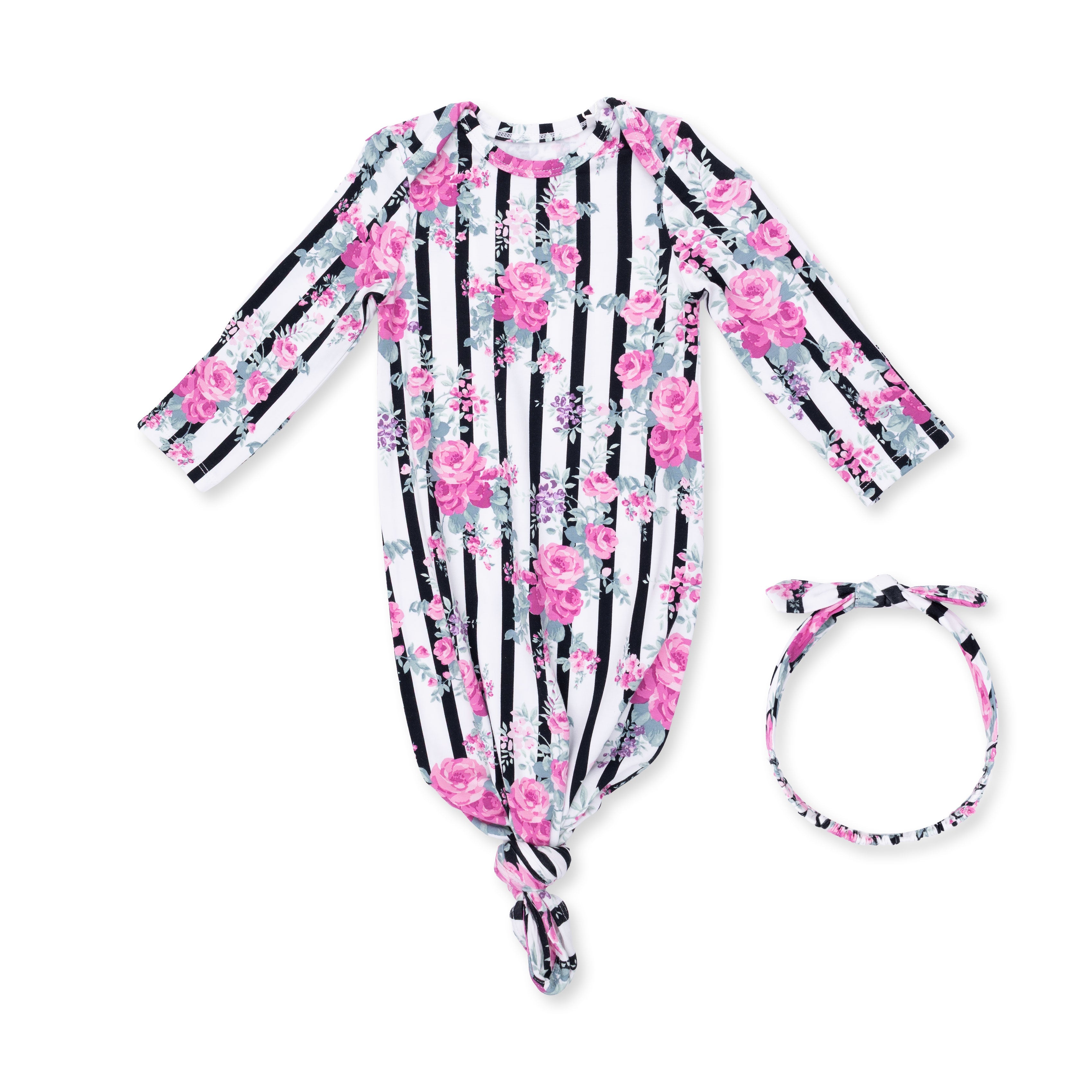 Cabbage Rose Stripe - Knotted Gown And Knot Headband
