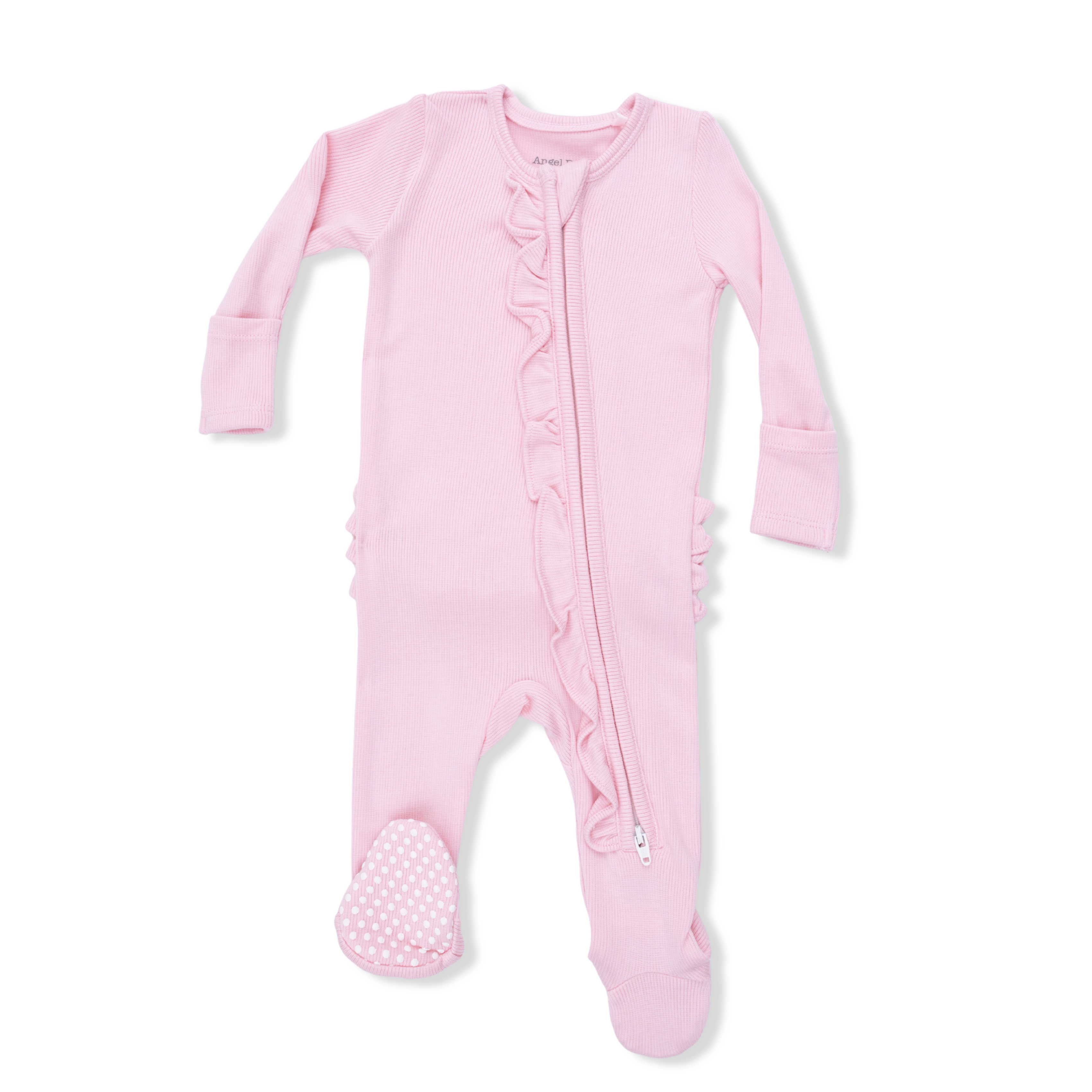 Solid Romance Rose Rib - 2 Way Ruffle Front Zipper Footie