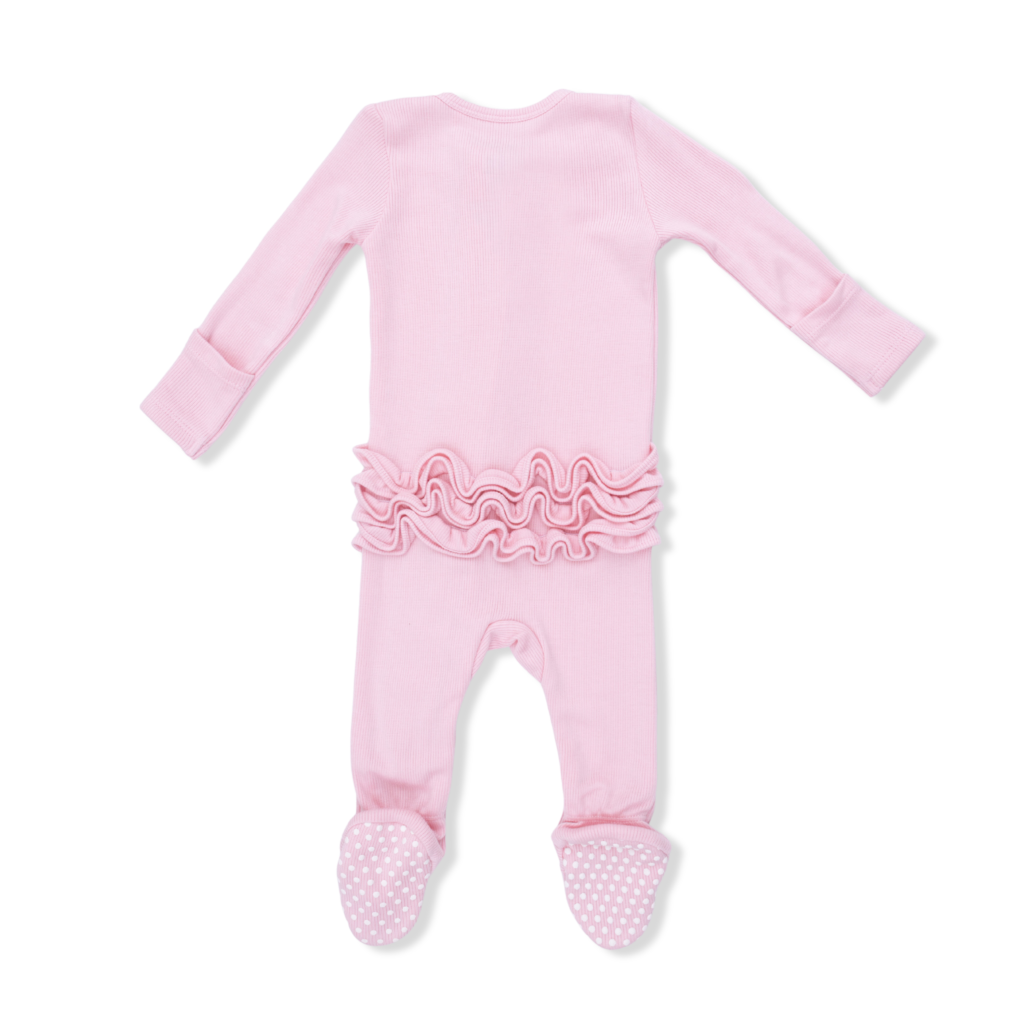 Solid Romance Rose Rib - 2 Way Ruffle Front Zipper Footie