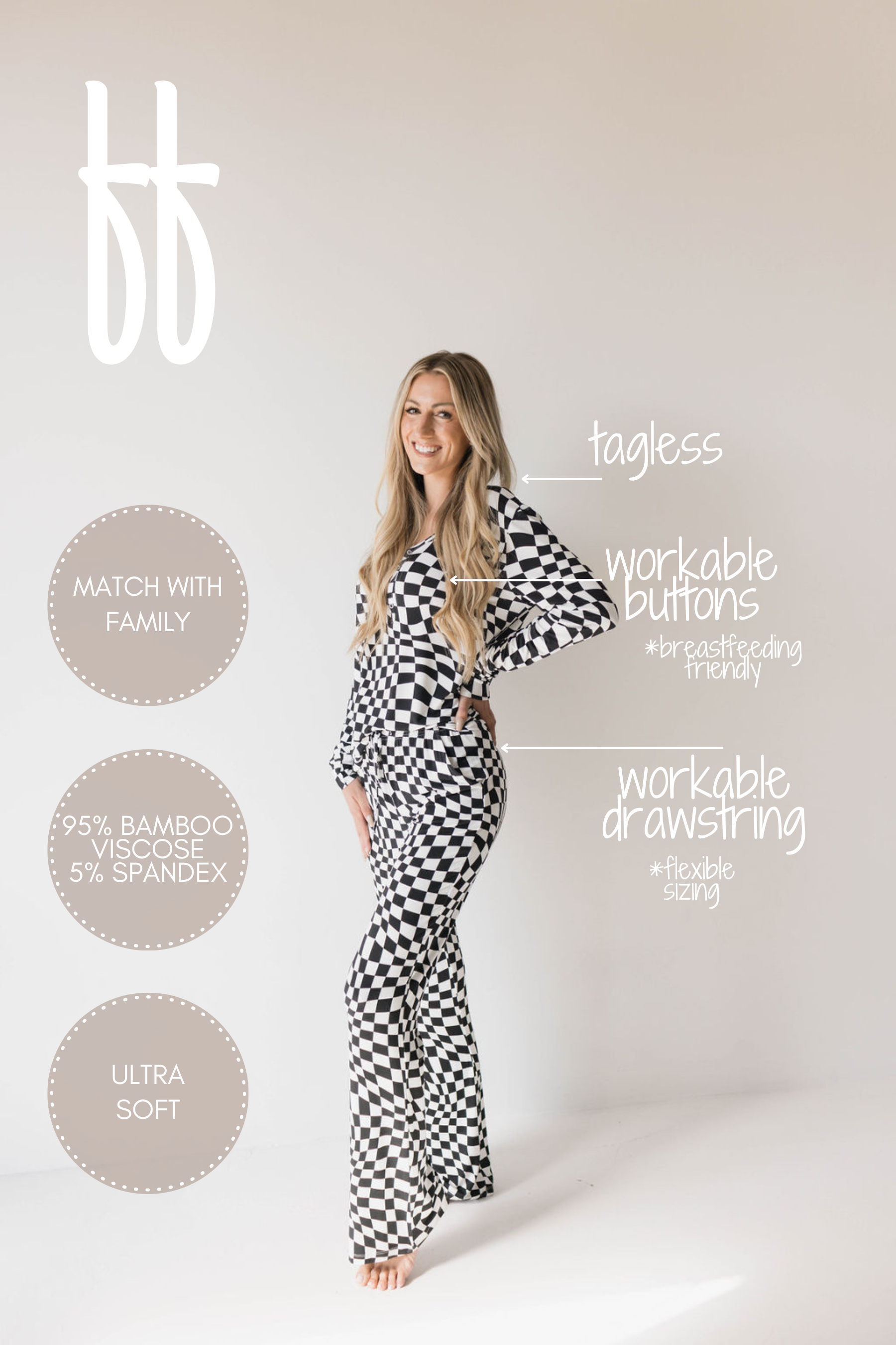 Women's Bamboo Pajama | Black & White Wavy Checkerboard