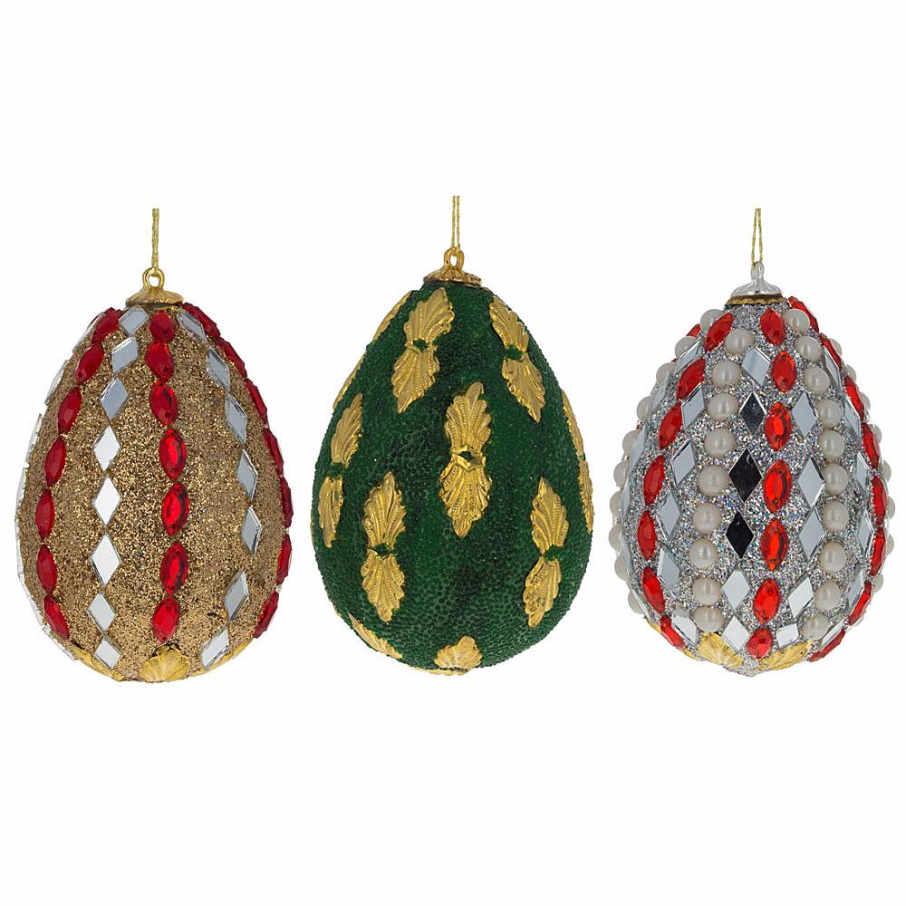 Set Of 3 Mirrored And Golden Metal Leaf Wooden Egg Ornaments 3 Inches