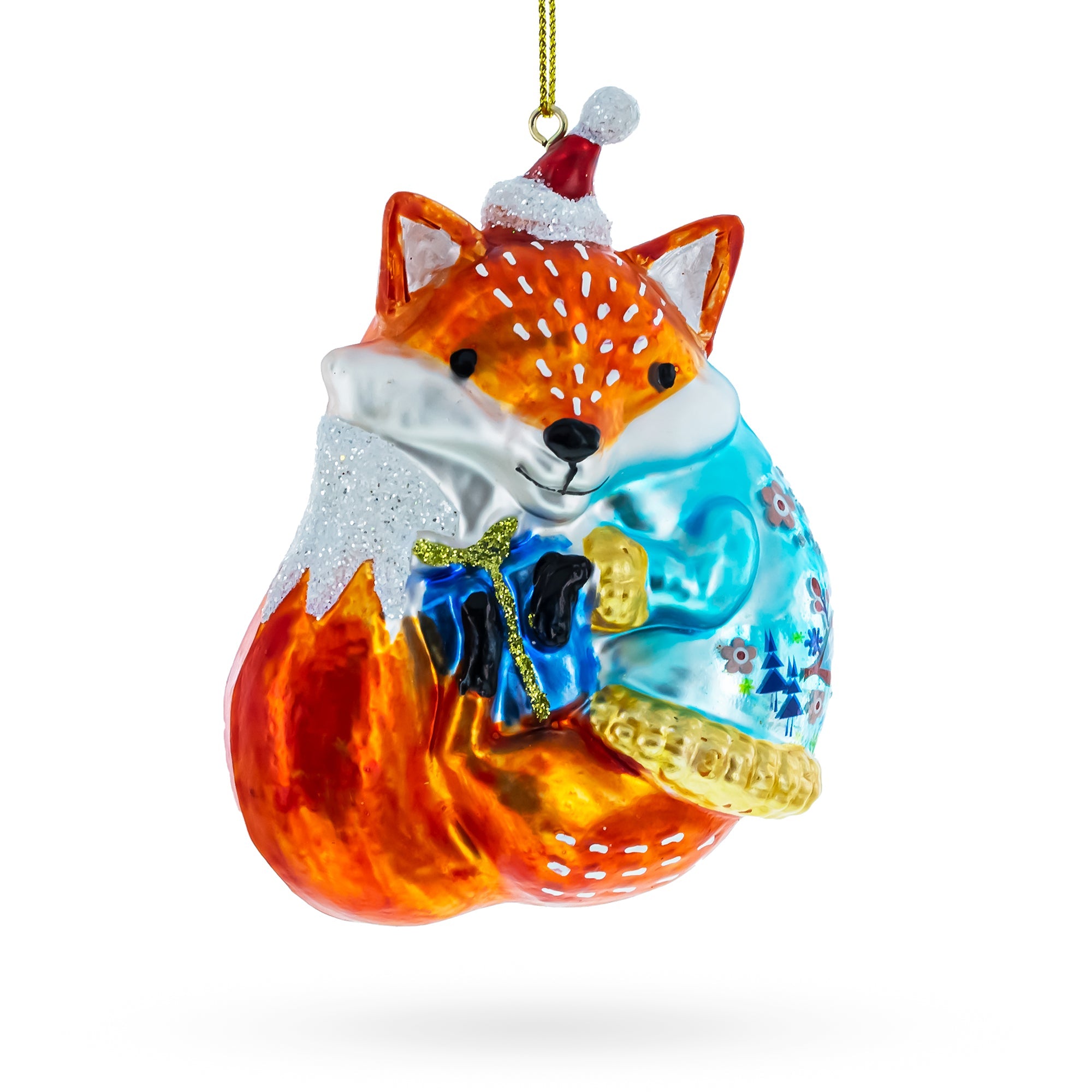 Festive Forest Friend: Whimsical Fox With Gifts - Blown Glass Christmas Ornament