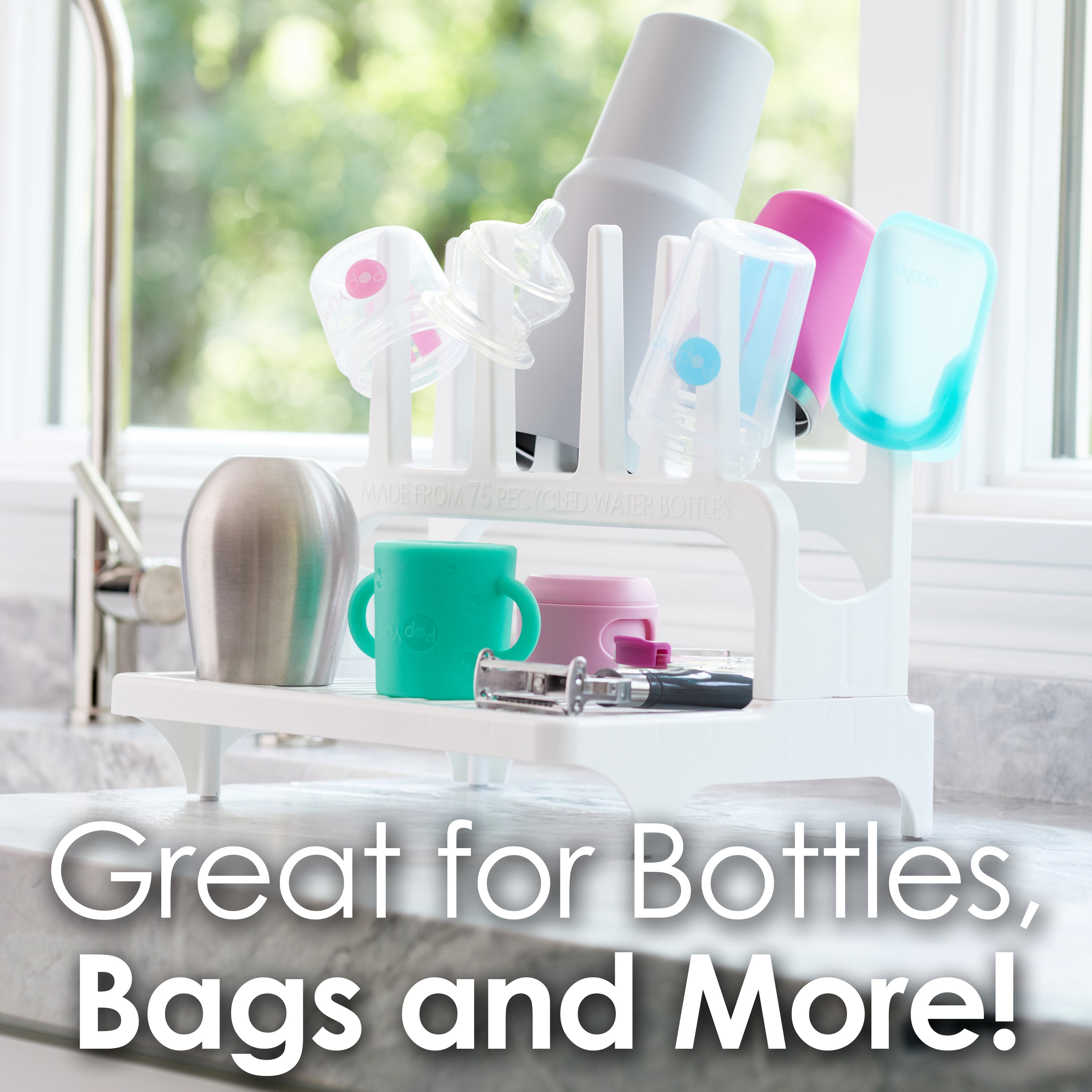 Popyum Seattle Gray Space Saving Drying Rack From 100% Recycled Bottles, Countertop For Baby Bottle, Plastic Bags, Cups, Glass, Tumblers, Compact