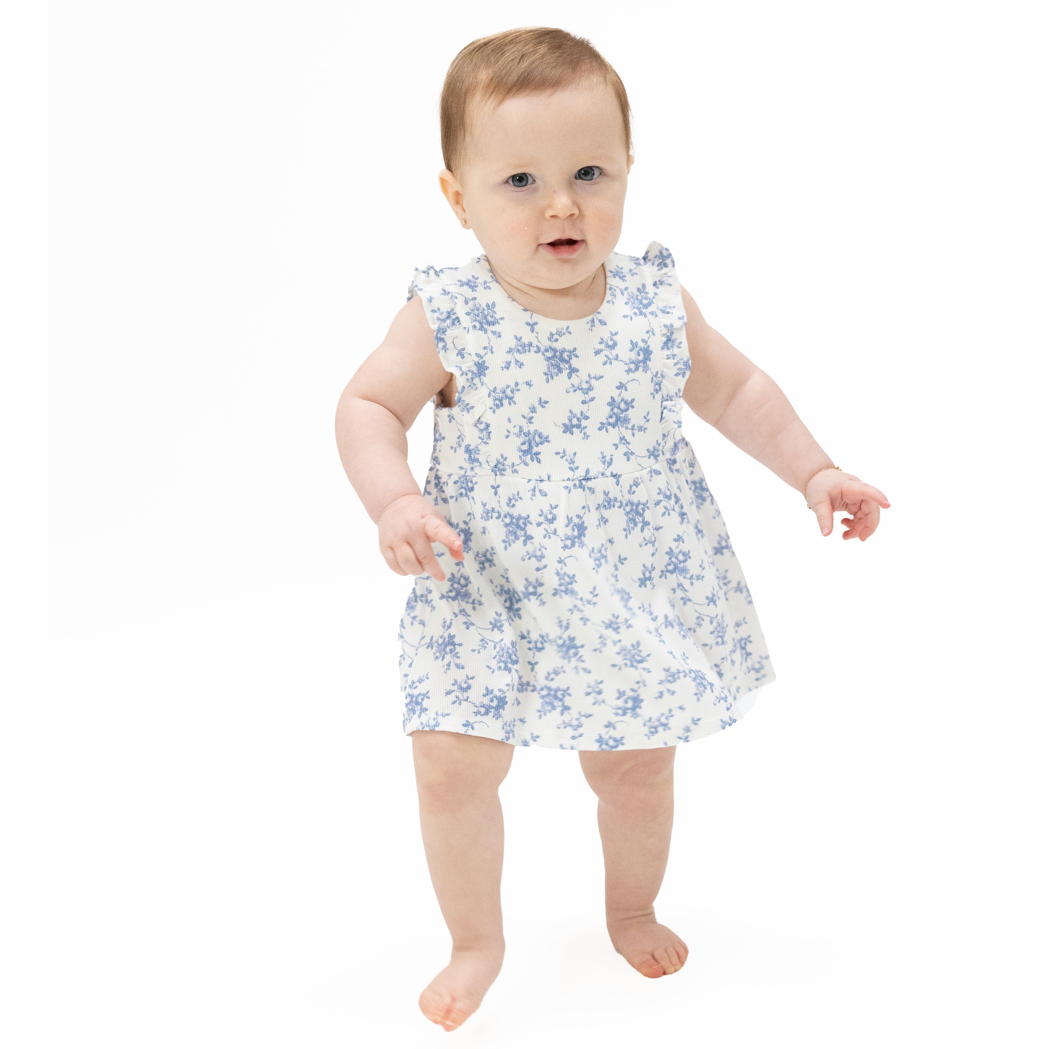 Baby Blue Vines Floral - Ruffle Bodysuit Dress