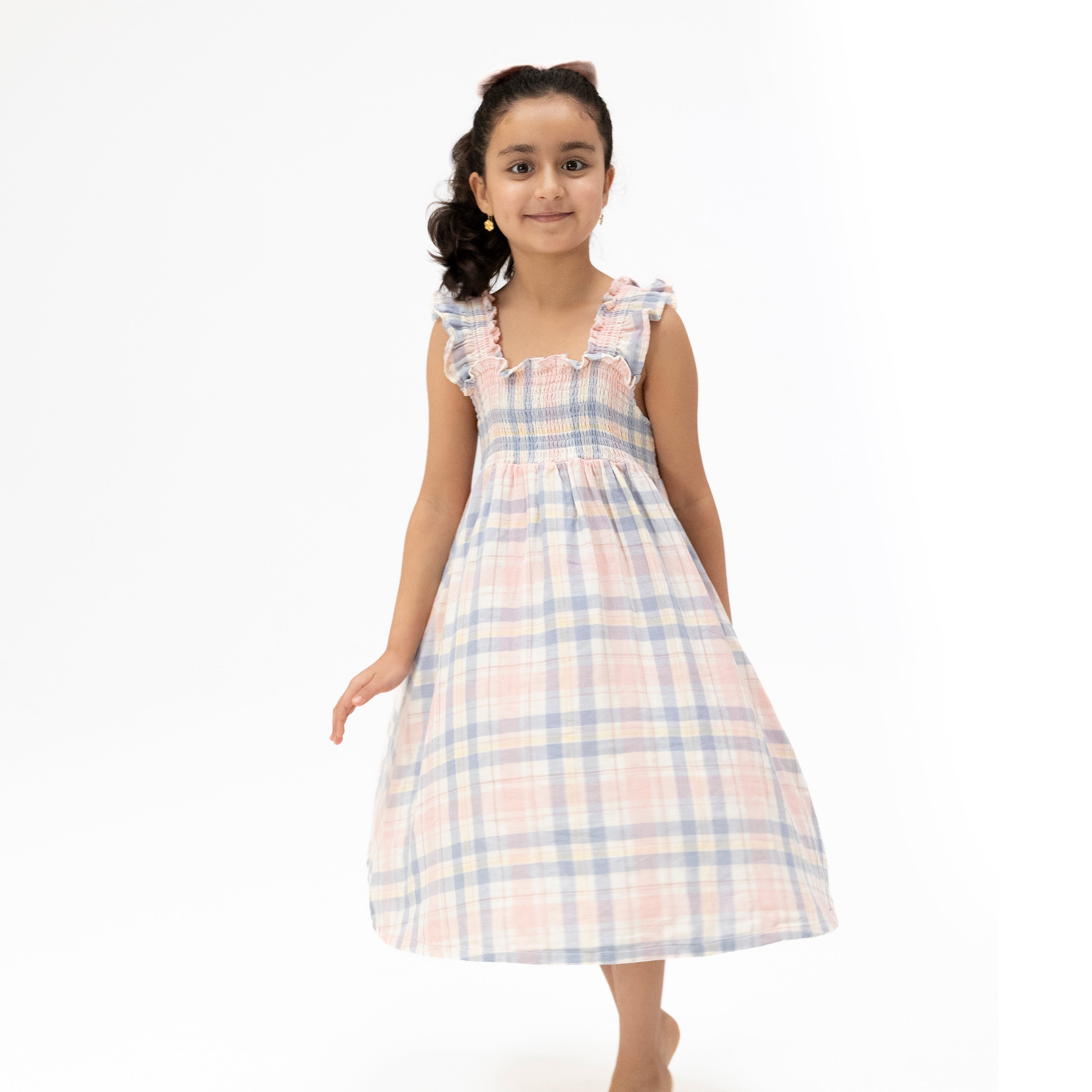 Dusty Plaid - Smocked Sundress With Bloomer