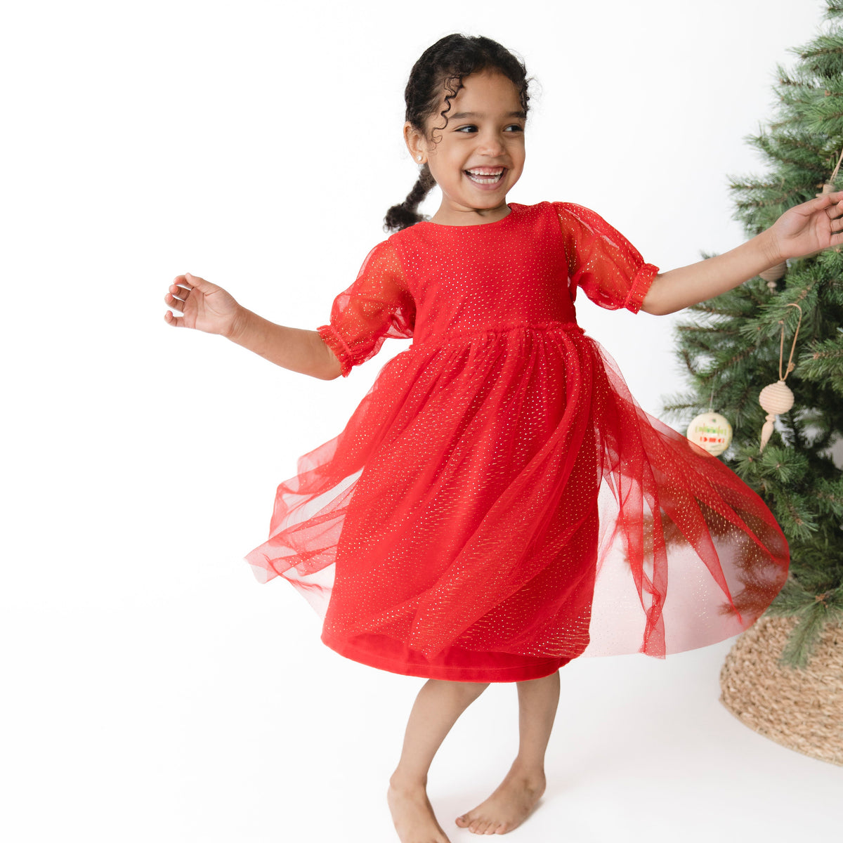 Velour Holiday Red - Puff Sleeve Dress With Tulle Overlay And Bloomer (up To 4t)