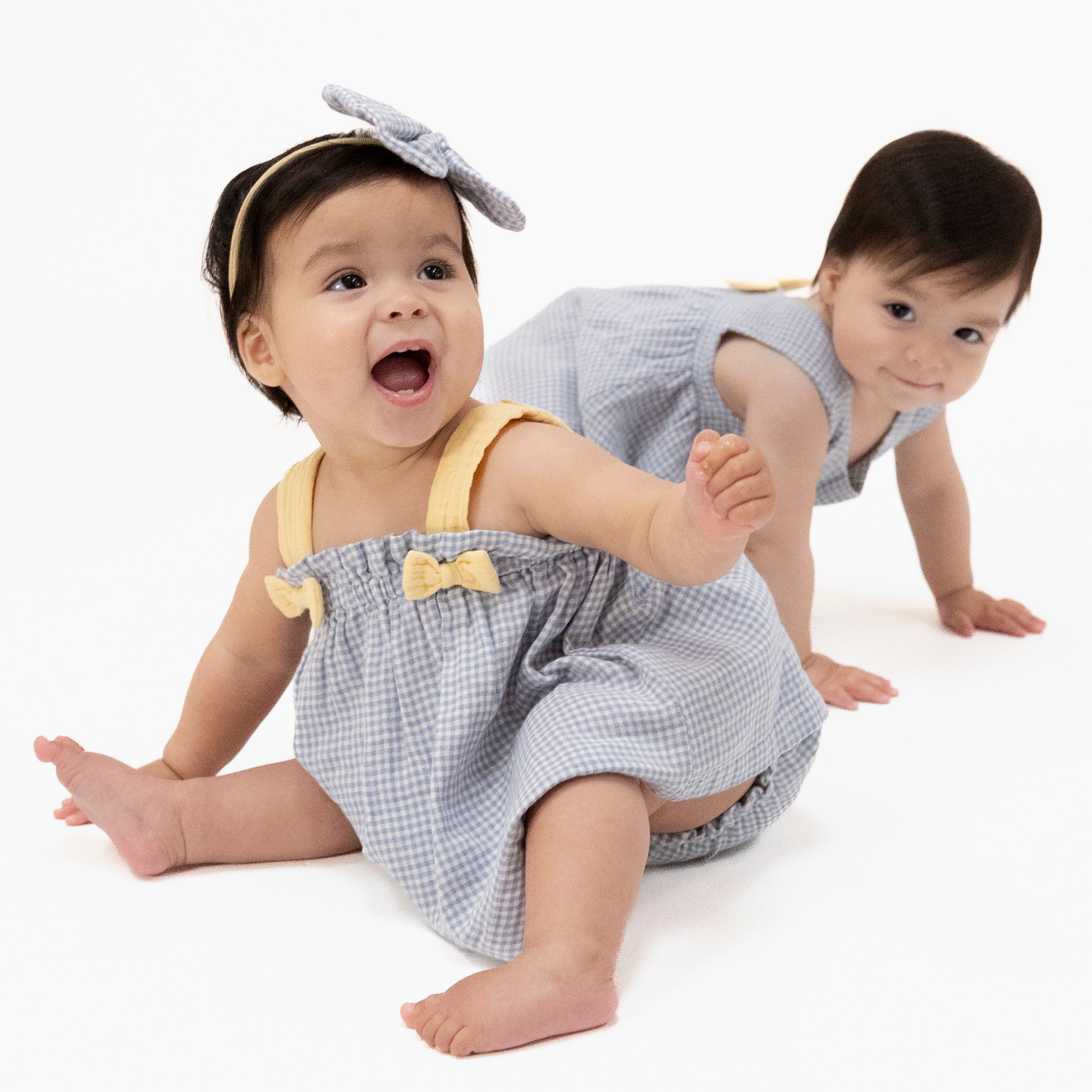 Micro Gingham Blue Blizzard - Top With Bows And Ruffle Leg Bloomer