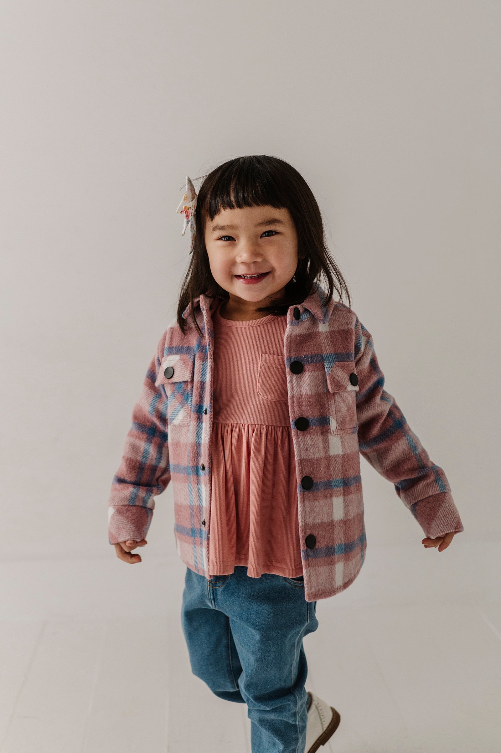 Kids Hooded Shacket In Pink Blue Plaid