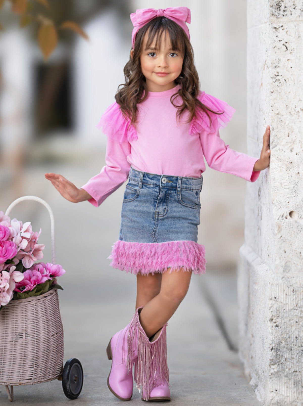 Pink Ruffle Top And Feather Trim Denim Skirt Set