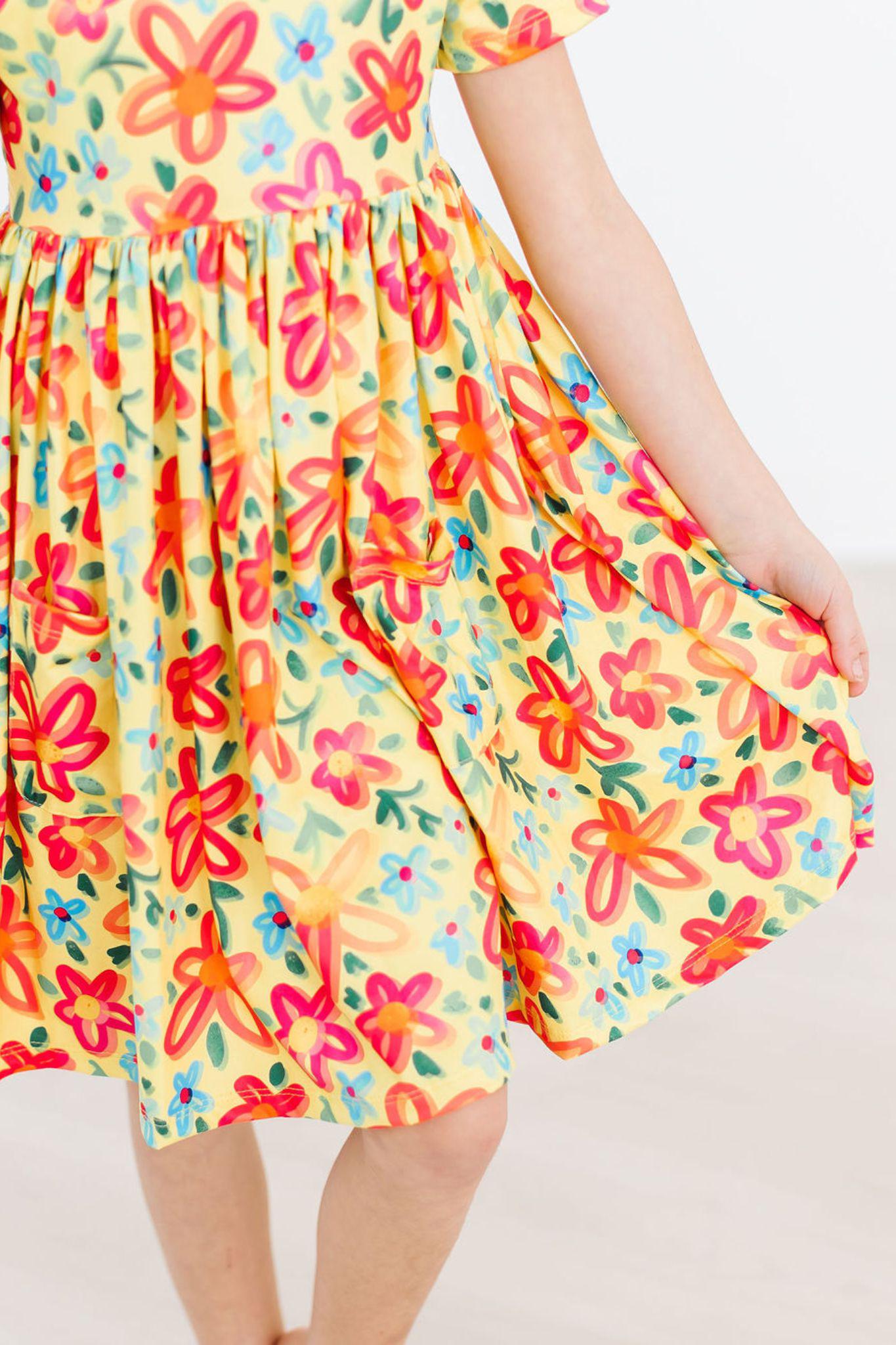 Yellow Neon Floral S/s Pocket Twirl Dress