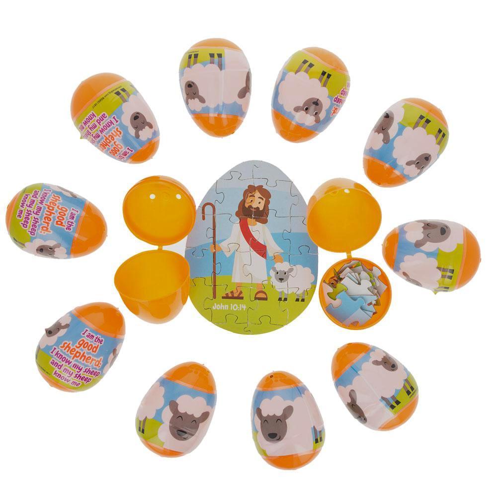 Set Of 12 Plastic Religious Puzzle Filled Eggs