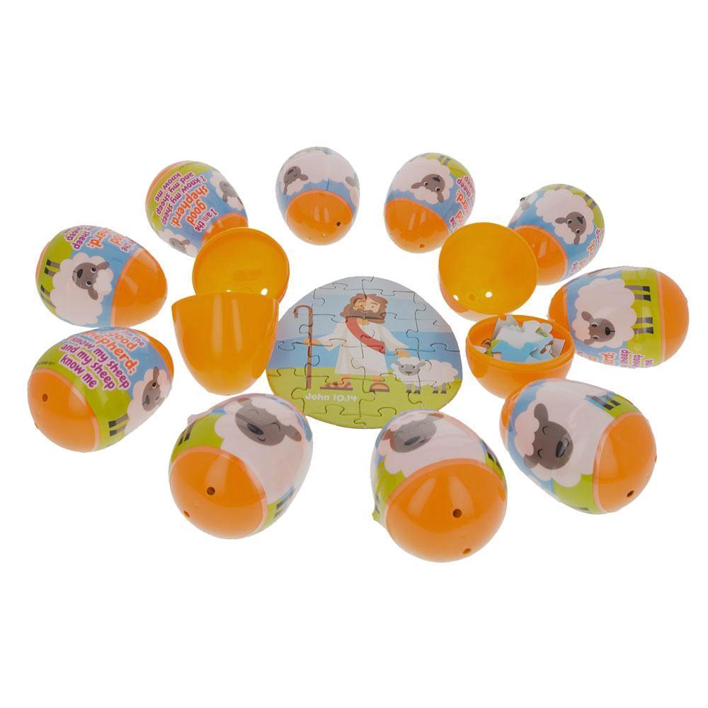 Set Of 12 Plastic Religious Puzzle Filled Eggs