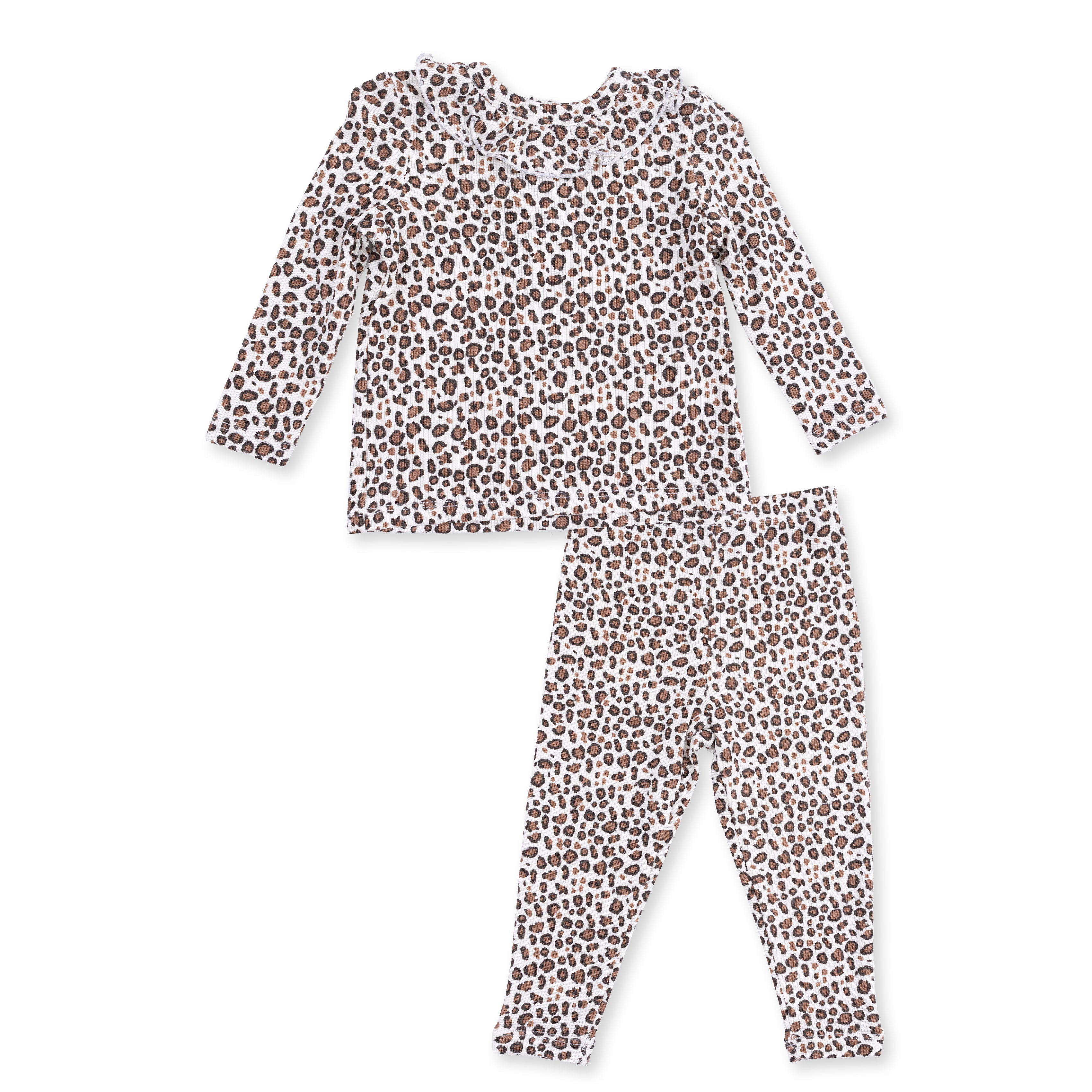 Leopard Rib - Long Sleeve Ruffle Top And Pant