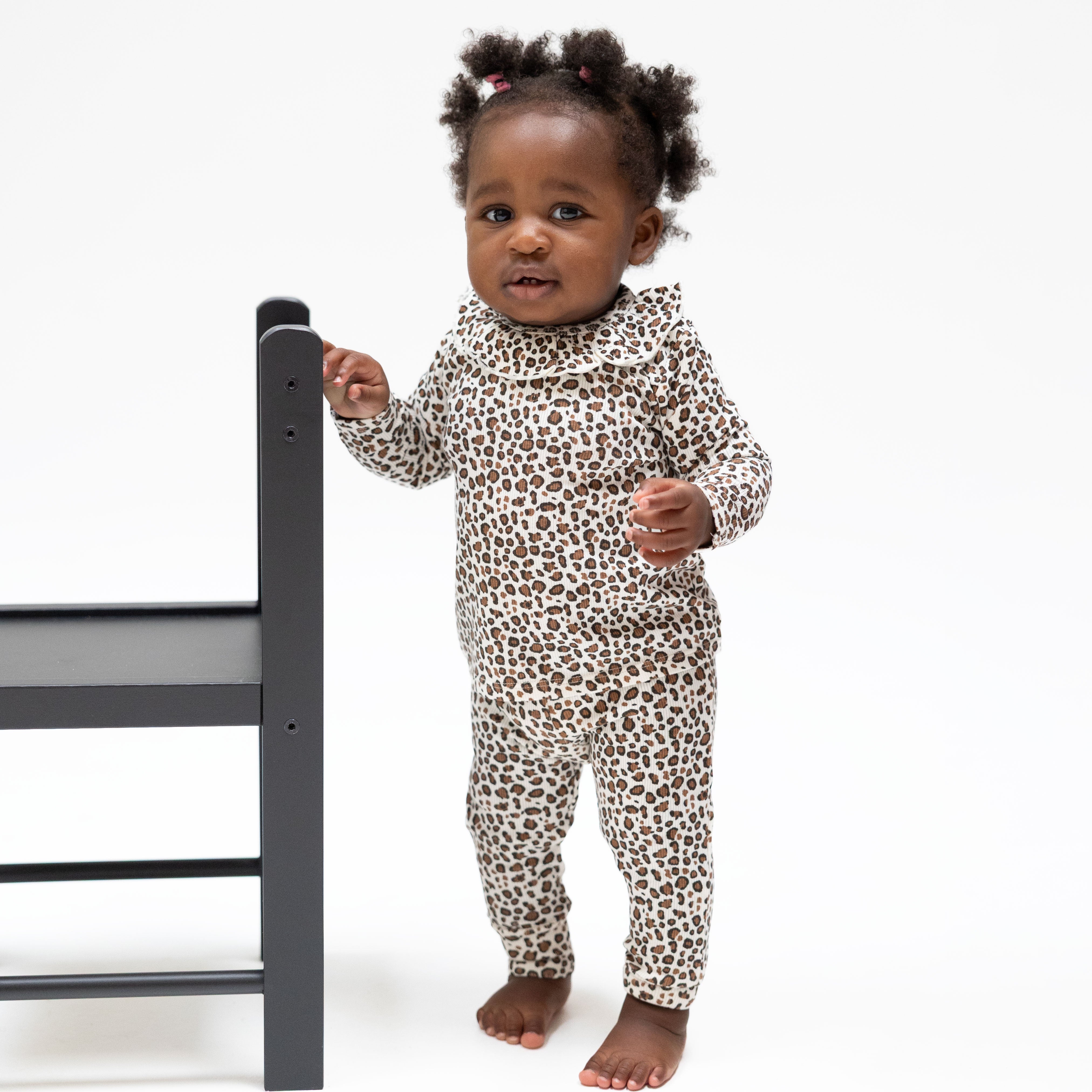 Leopard Rib - Long Sleeve Ruffle Top And Pant