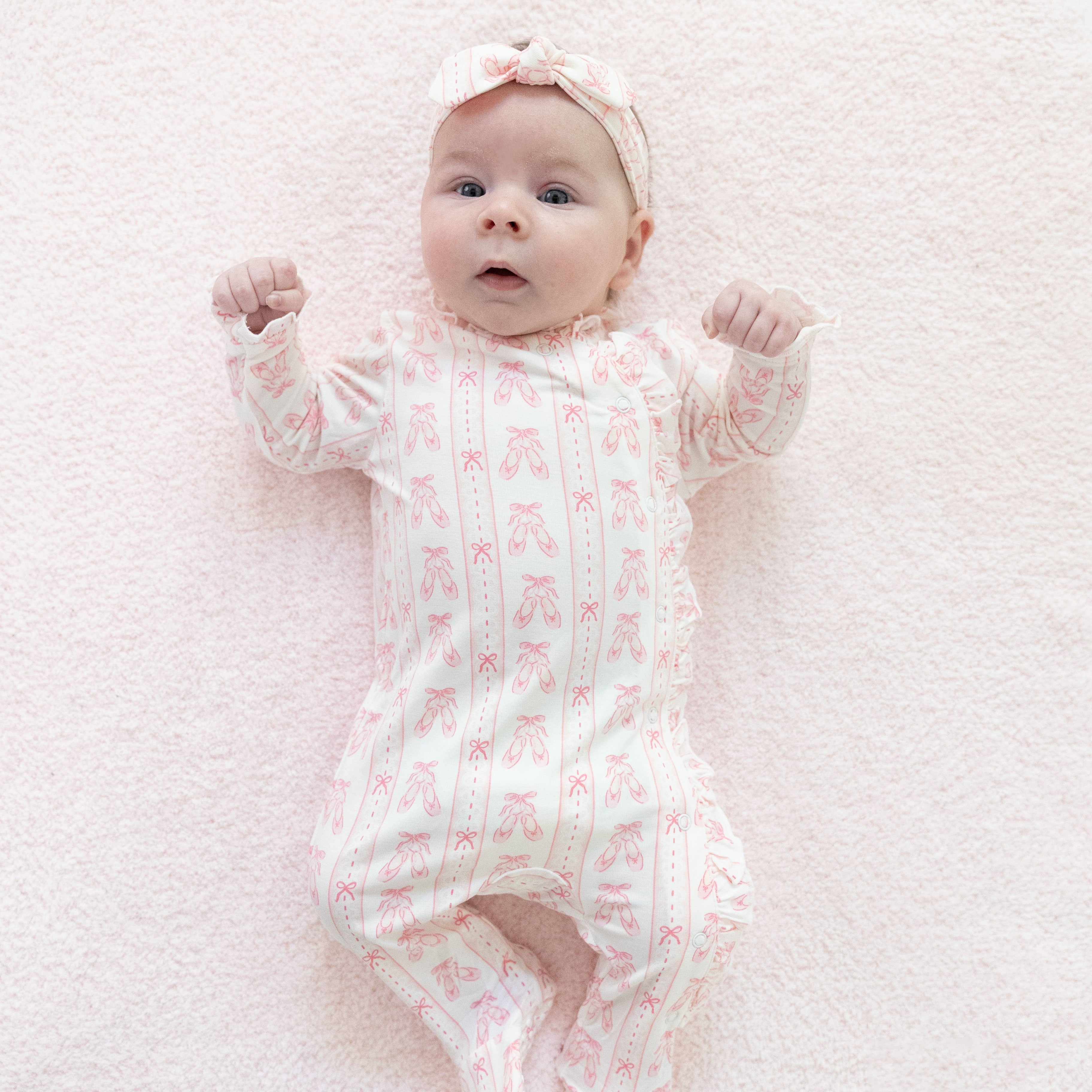 Ballet Shoes Ribbon Stripe - Kimono Ruffle Snap Footie