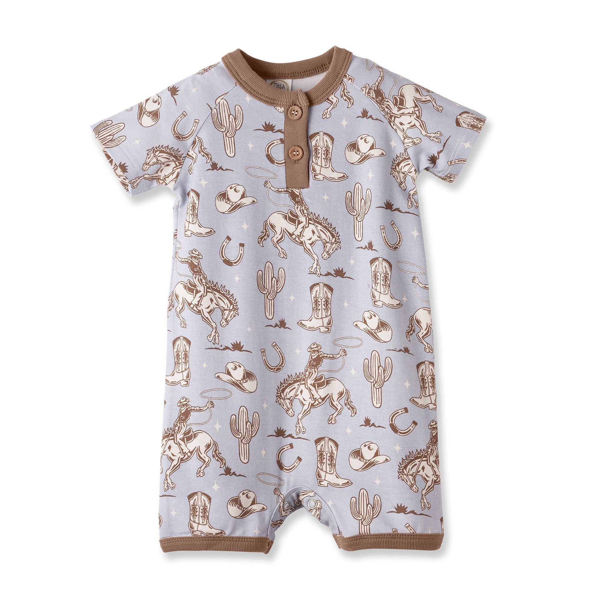 Wild Wrangler/blue Western Bamboo Shorty Romper For Boys